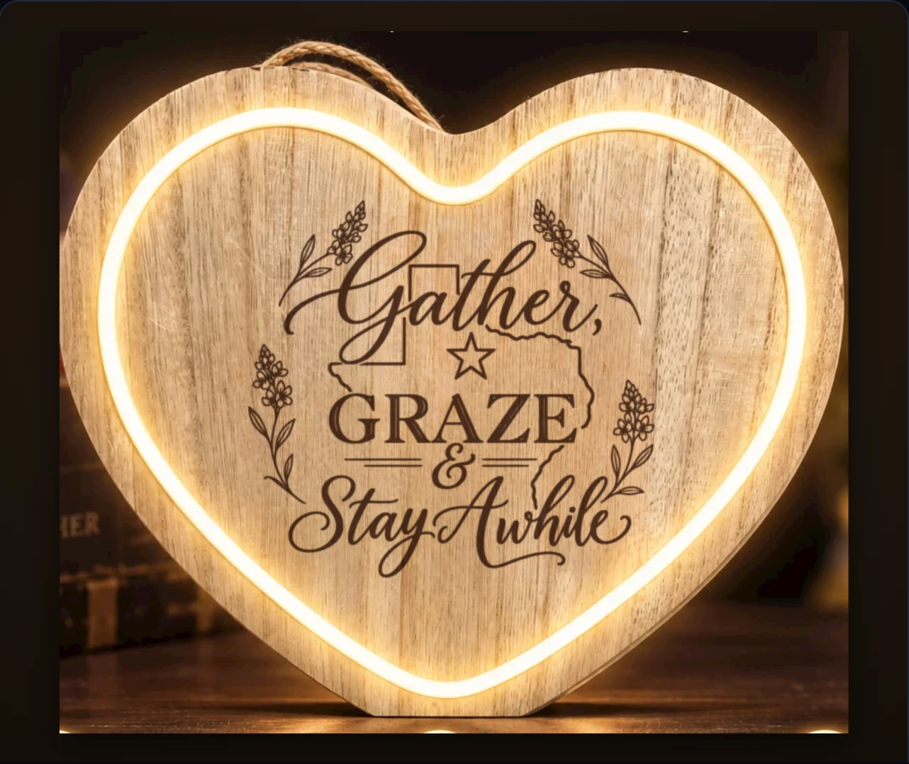 Wood Heart with Gather, Graze and Stay Awhile