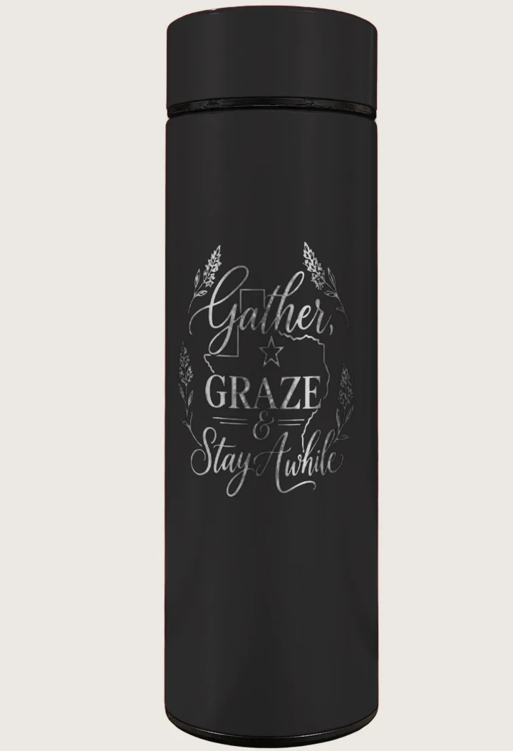 Black Smart Cup tumbler engraved with Gather, Graze and Stay Awhile