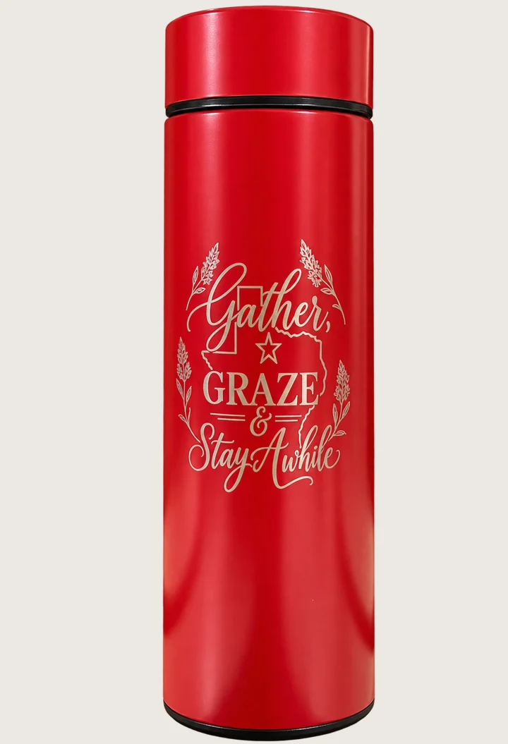 Red Smart Cup tumbler engraved with Gather, Graze and Stay Awhile