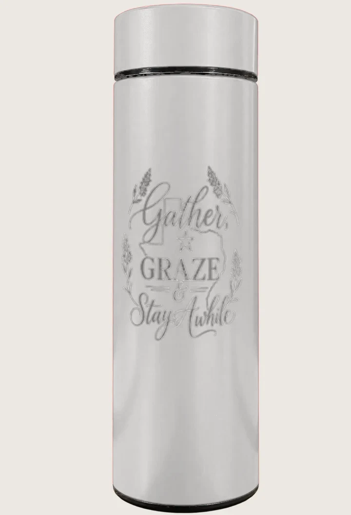 White Smart Cup Tumbler with Gather, Graze and Stay Awhile