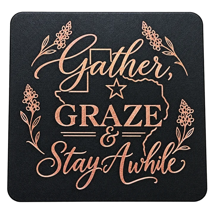 Black storage box lid with Gather, Graze and Stay Awhile printed in copper