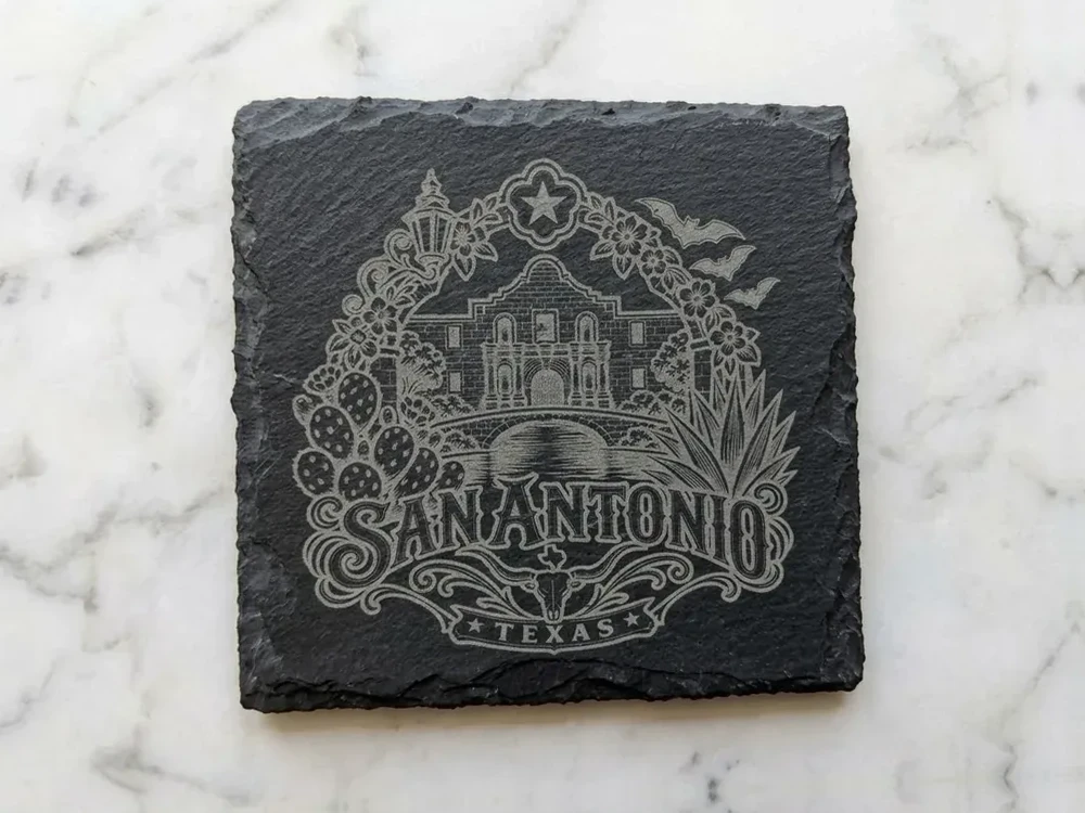 Square slate coaster engraved with the Alamo